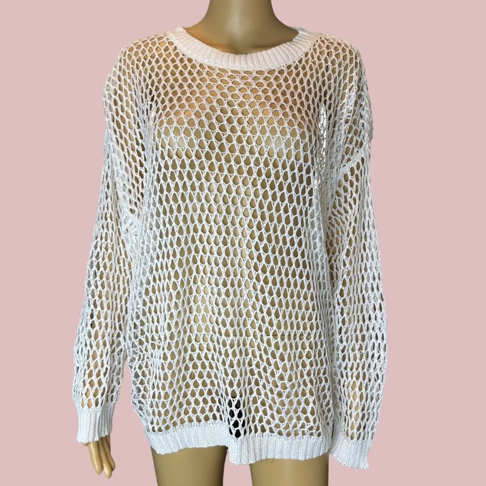 Womens Crochet Sweater Medium M White Cotton Eyelet Stretch